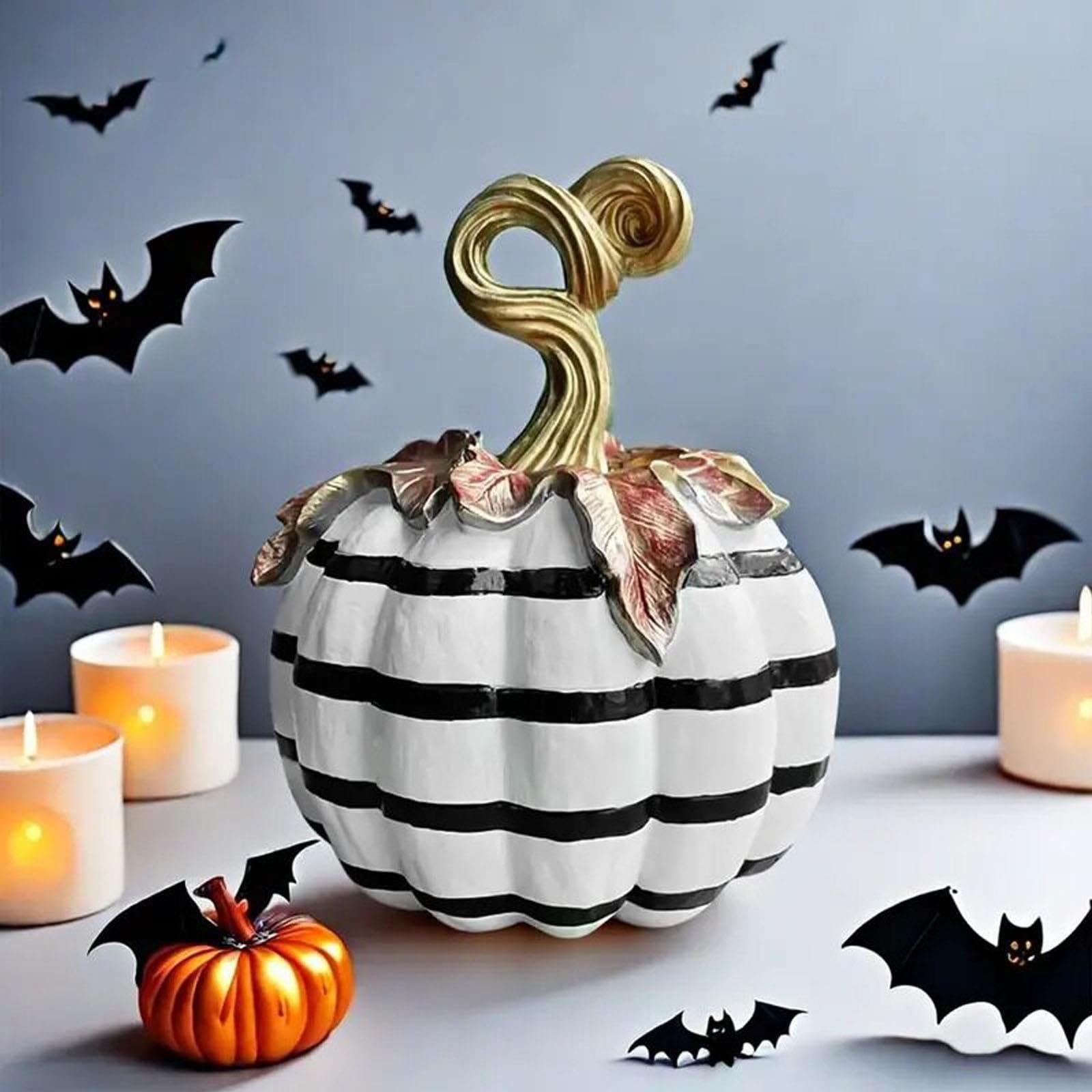 Schwarz-Weiß Gestreiftes Kürbis Harz Figur, Handbemalte Halloween Deko