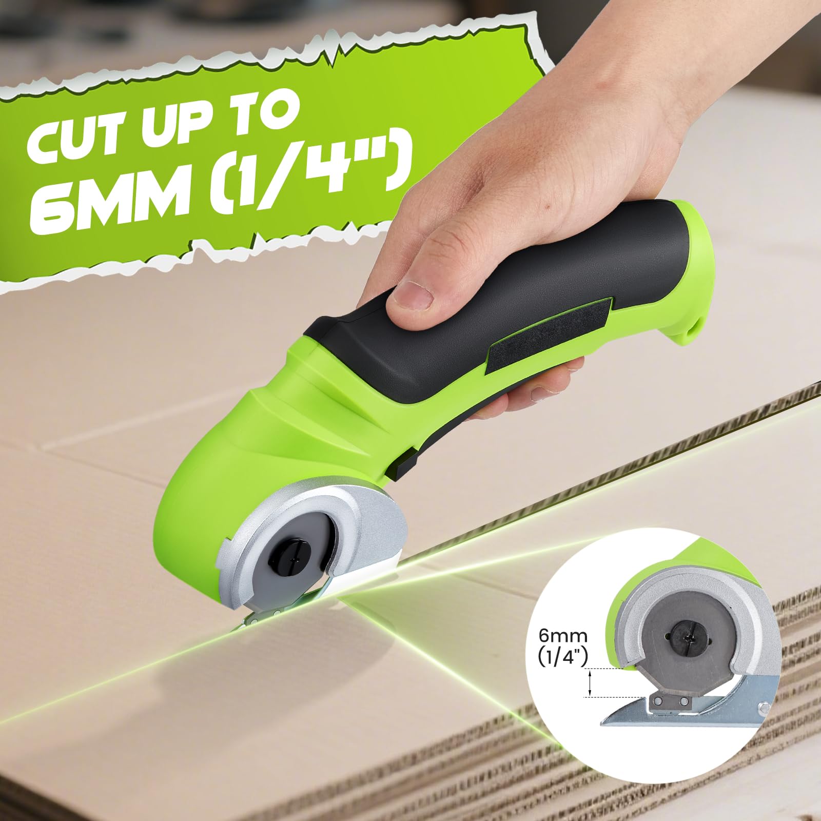 Ciseaux électriques sans fil 4,2 V Mini coupe-tapis et carton avec lame de rechange/chargeur, cutter rotatif pour emballage en carton, cuir et plastique (vert)