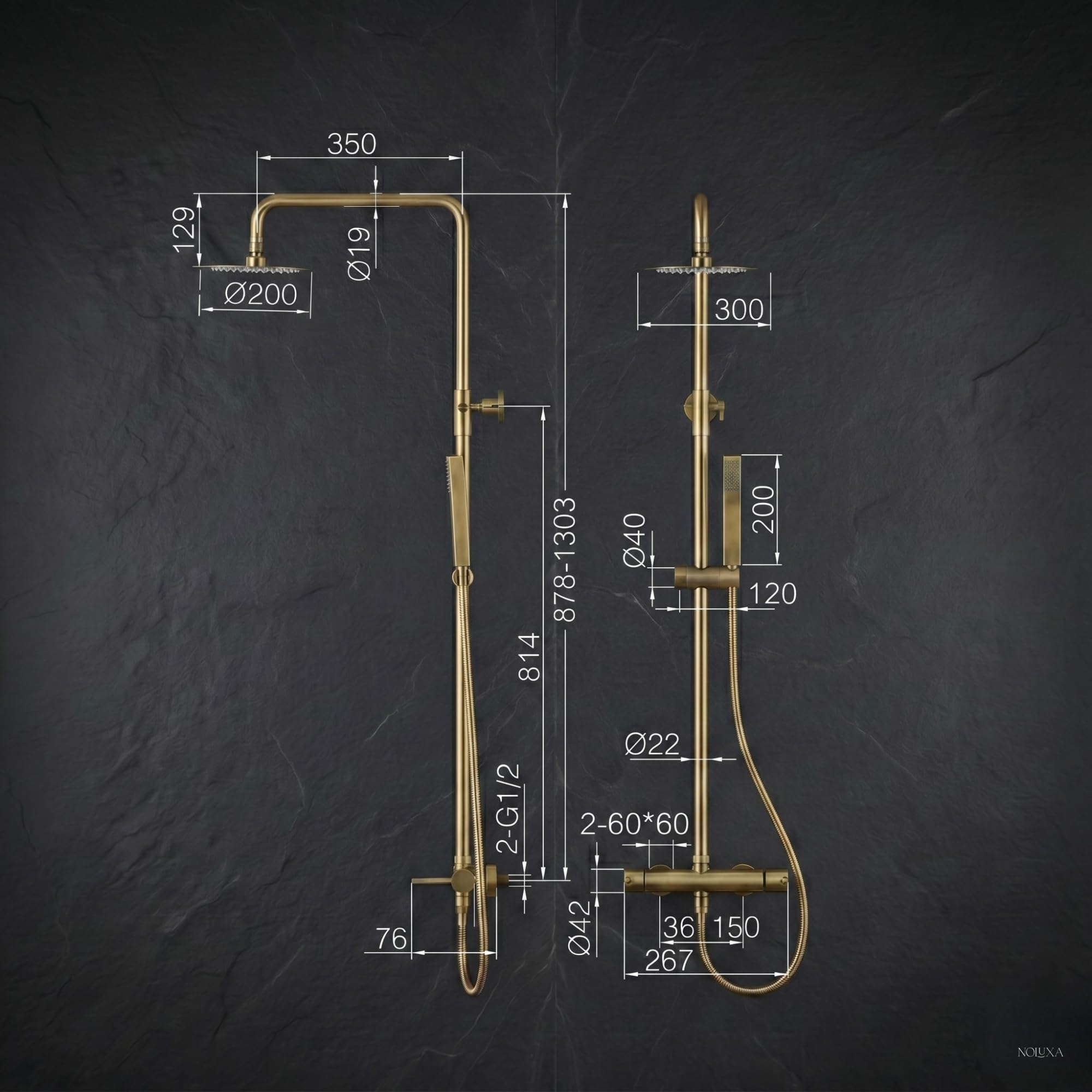 Imex - Colonne de douche thermostatique or rose avec robinet | Ensemble de douche avec pommeau et pommeau anticalcaire effet pluie | Robinetterie en laiton et acier inoxydable S.304 avec barre