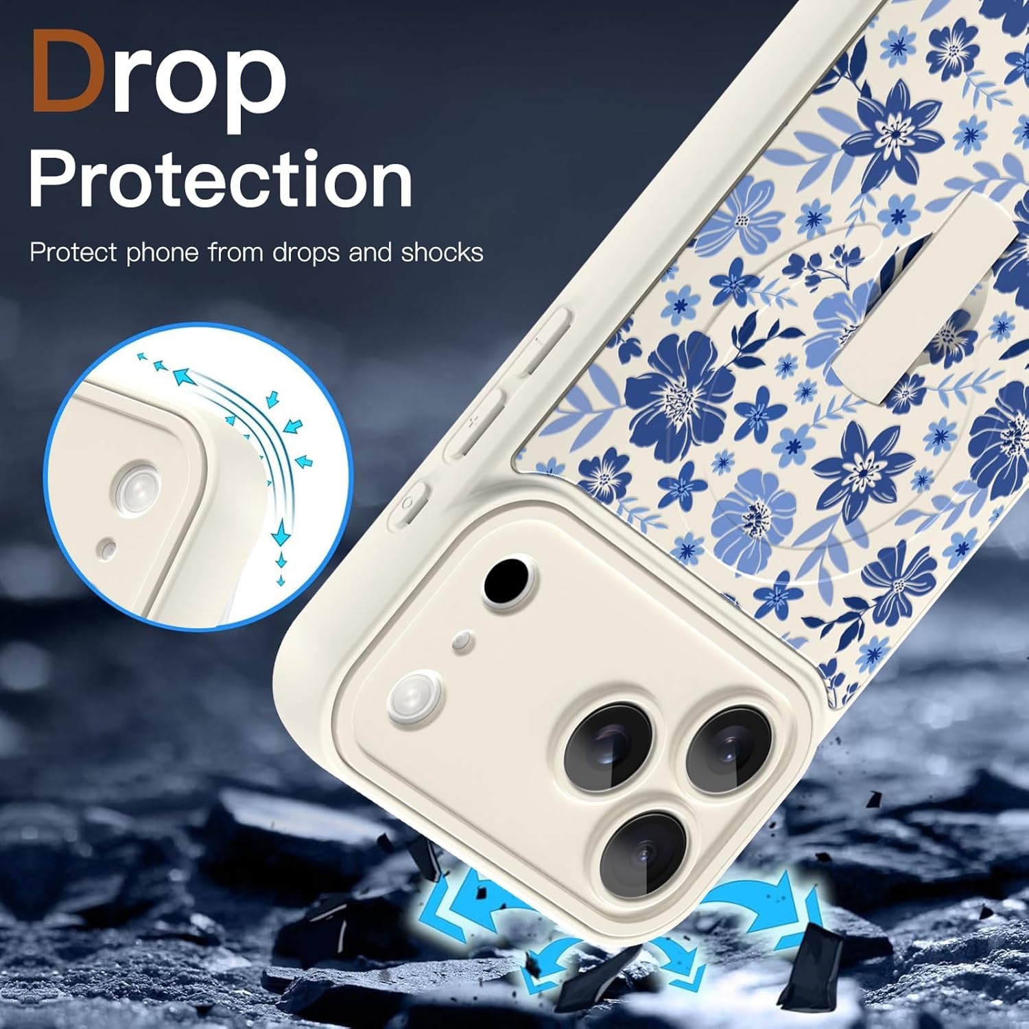 for iPhone 17 Pro Case [Compatible with MagSafe] Cute Floral Flower Pattern Magnetic Phone Case Compatible Finger Strap Ring Kickstand, Full Camera Protective Cover for Women Girly Blue&2
