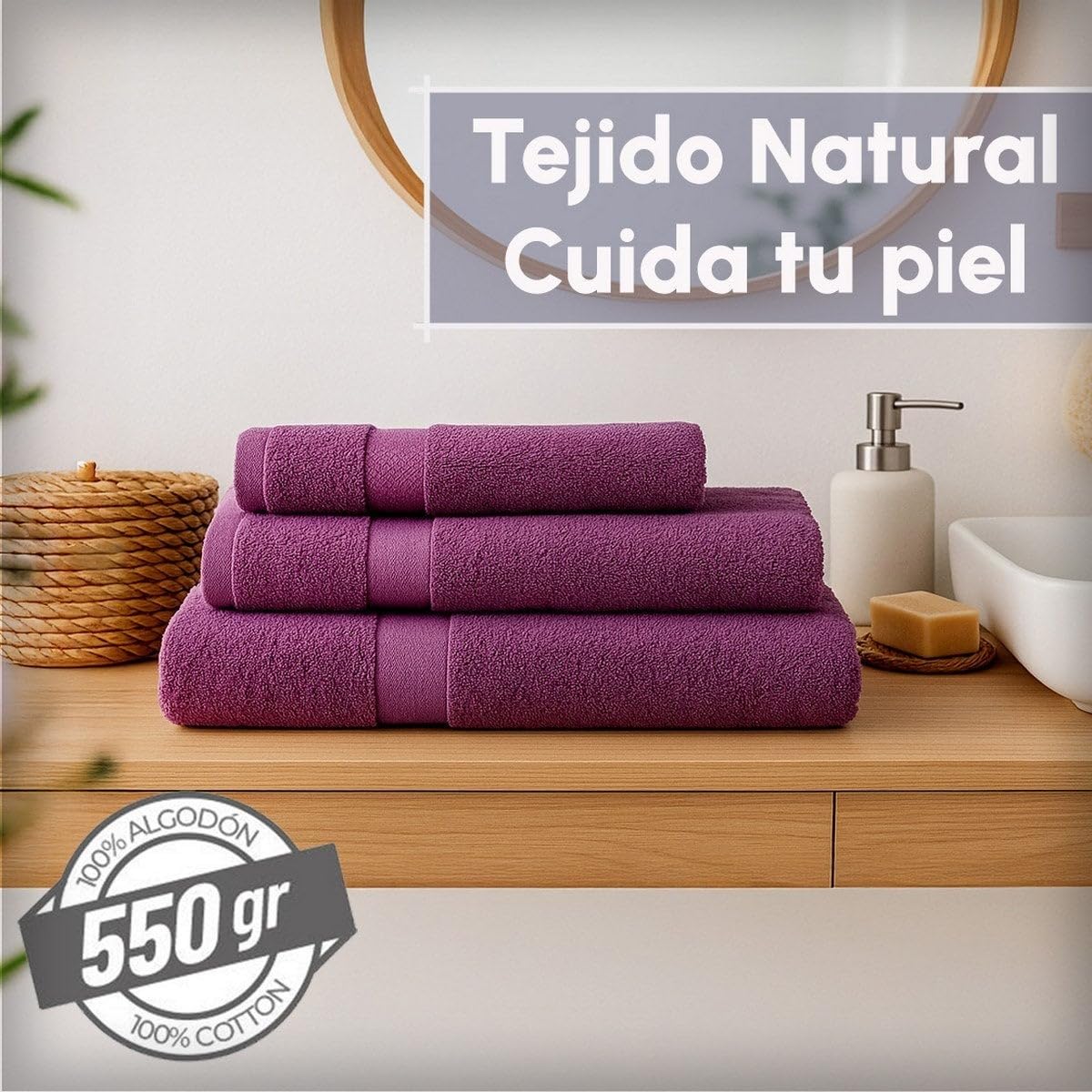 Juego de 8 Toallas de Ducha Color Violeta 100% algodón Rizo 140x70 cm | Tejido suave de gran gramaje con alta absorción. Aptas para lavadora, de uso diario.