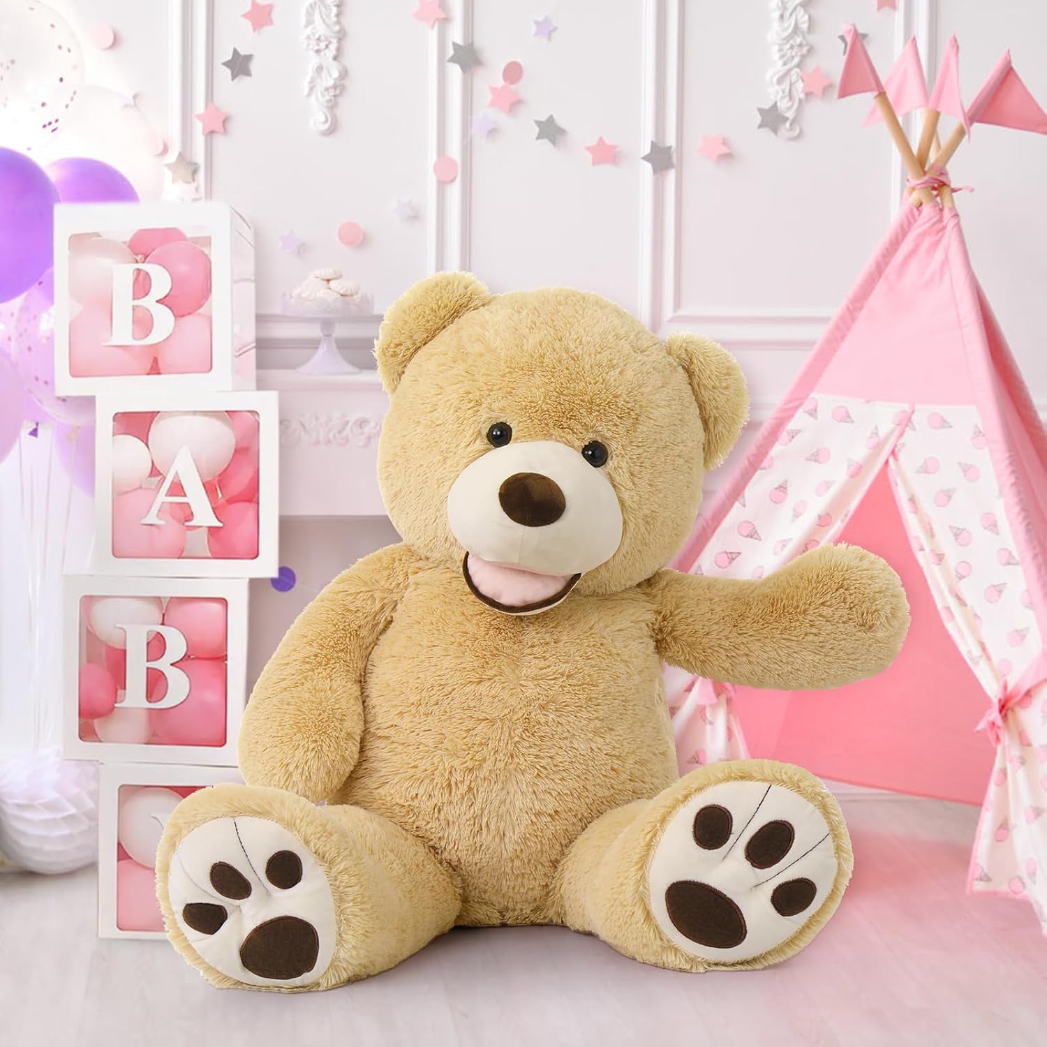 maogolan giant teddy bear plush,39 inches big teddy bear stuffed animal,adorable smiling large bear,express your love gift for kids,girlfriend,baby shower,valentines day,christmas,long distance tan 39 inches