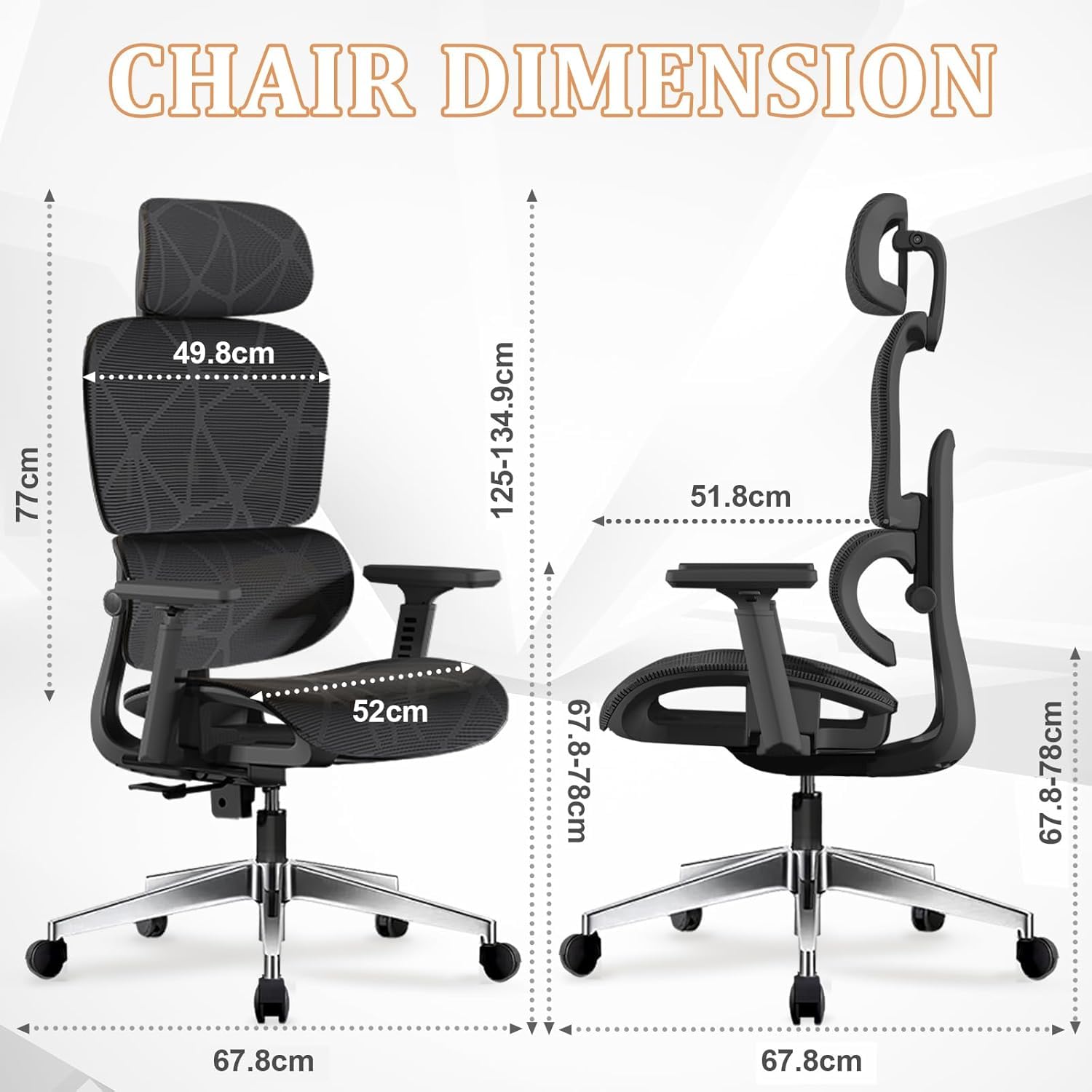 Ergonomiczne Krzesło Biurkowe,Wysokie Siatkowe Krzesło z wsparciem lędźwiowym 3-biegowym,podłokietnikami 3D,regulowanym zagłówkiem,obrotowe z funkcją nachylenia(Czarny)