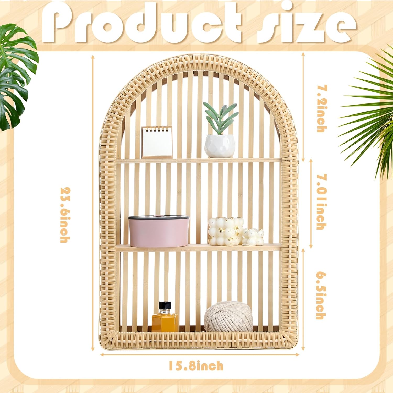 Rattan Wall Shelf 3 Tier Boho Wall Mounted Shelf 15.75" x 23.62" Farmhouse Handcraft Bamboo Arched Floating Shelves for Living Room Home Bedroom Storage Decor