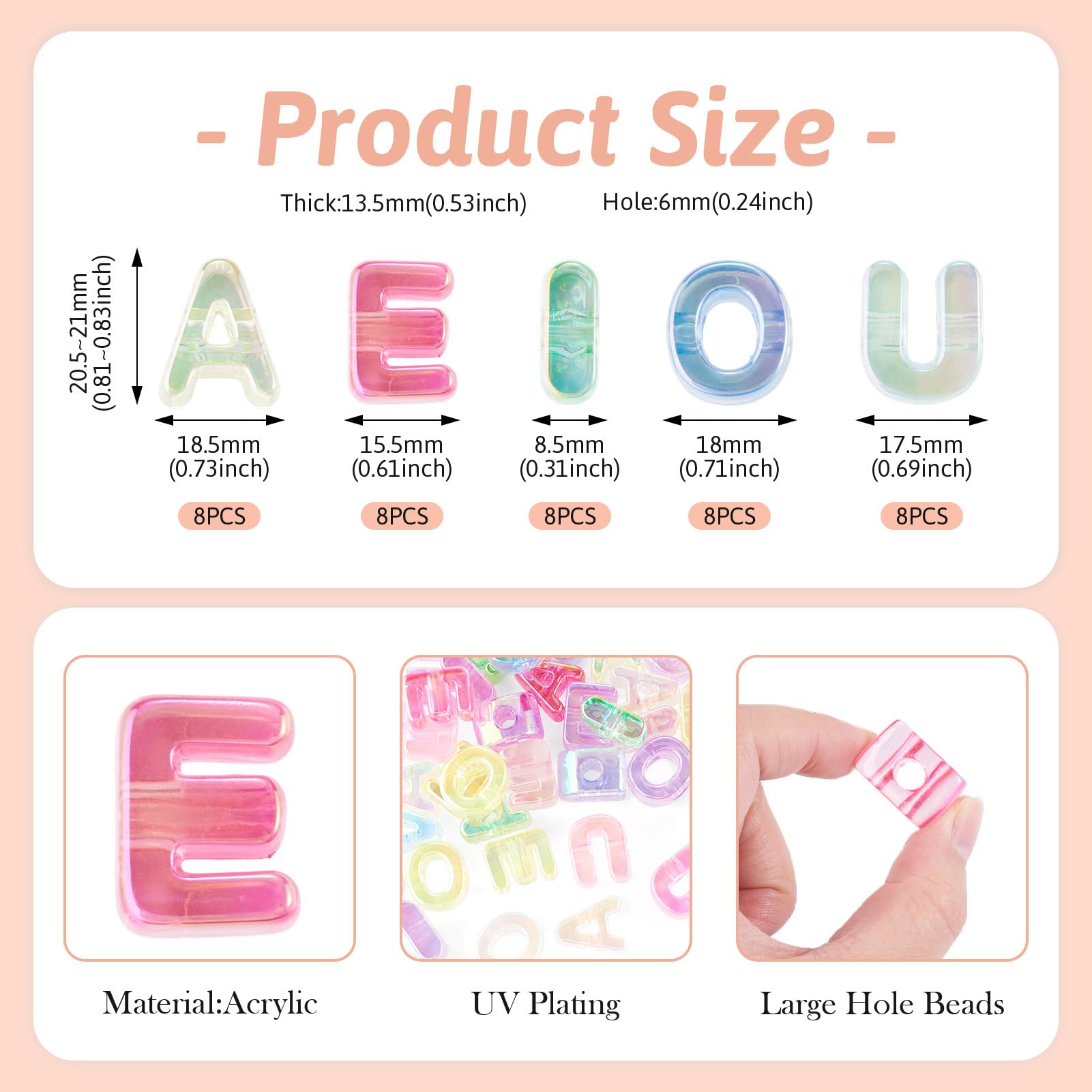 40 Stück Acryl-Buchstaben-Perlen A E I O U Großes Loch Perlen 5 Vokalbuchstaben Großbuchstaben Großbuchstaben Alphabet für DIY Schmuckherstellung Freundschaftsarmbänder Halskette Tür