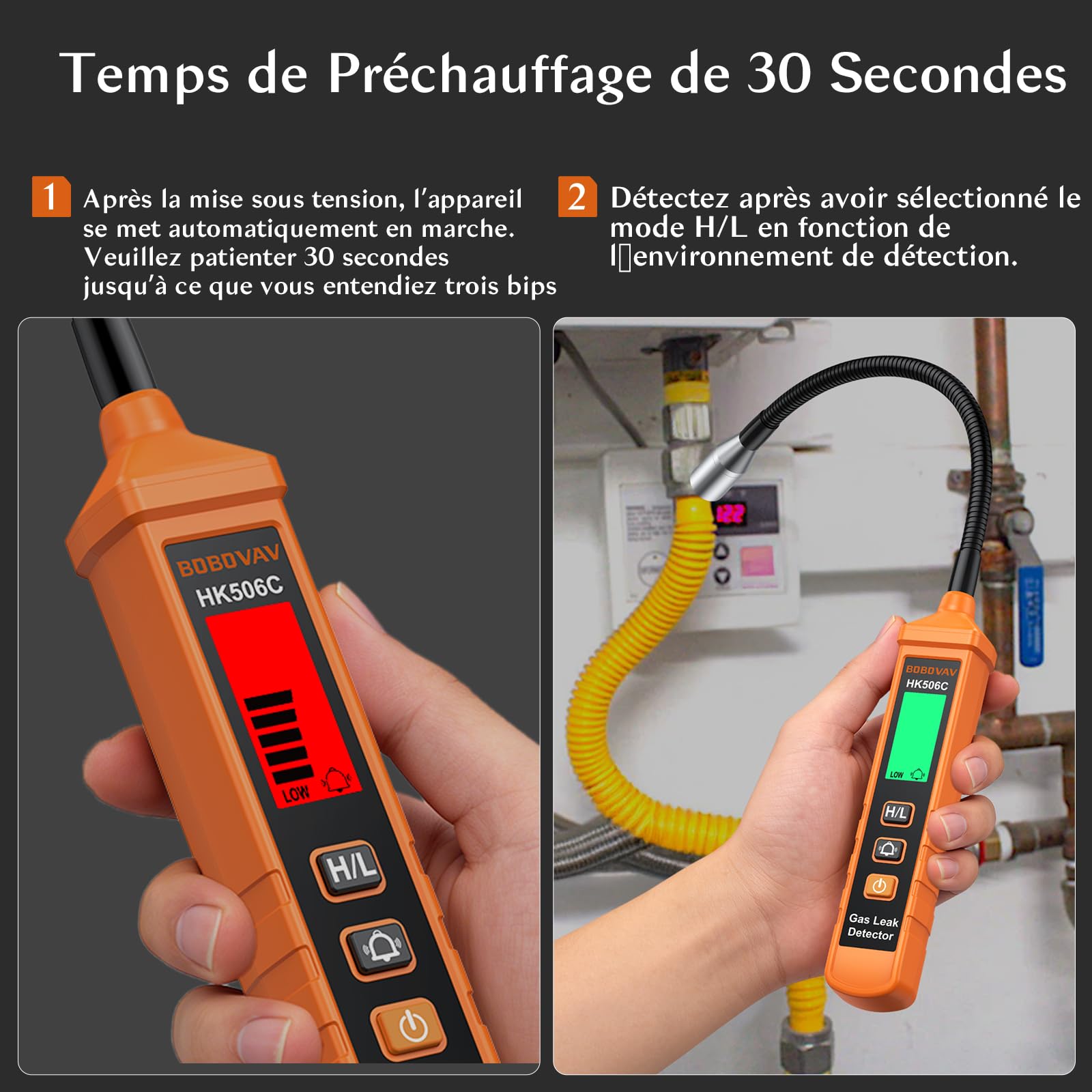 Détecteur de Gaz Naturel, avec Une Sonde Flexible de 8 Pouces,2 Niveaux de Sensibilité,Arrêt Automatique, Alarme Acoustique et Optique pour Méthane, Gaz Naturel, Propane (2 Piles Incluses)