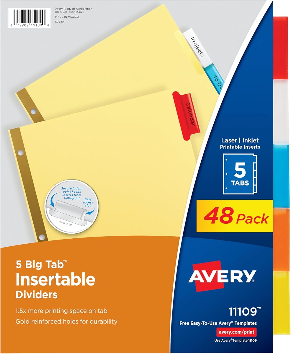 Avery Big Tab Insertable Dividers, 5-Tab, Multicolor, 48 Sets | For Customizing Binder Sections With Printable Inserts, Reinforced Plastic, Gold-Reinforced Holes, Laser/Inkjet Compatible
