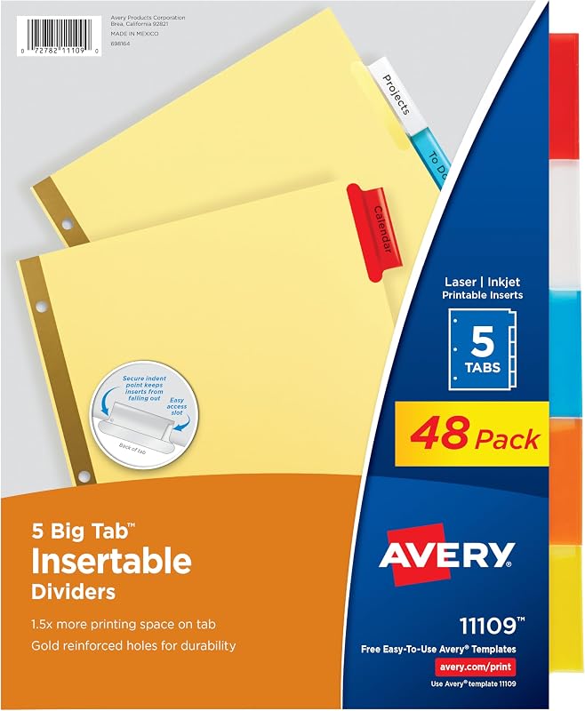 Avery Big Tab Insertable Dividers, 5-Tab, Multicolor, 48 Sets | For Customizing Binder Sections With Printable Inserts, Reinforced Plastic, Gold-Reinforced Holes, Laser/Inkjet Compatible