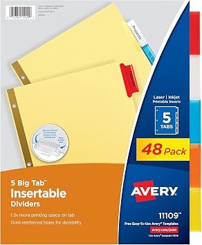 Avery Binder Dividers - 5-Tab Insertable Multicolor Big Tabs for Binders, 48 Sets of Dividers 11109