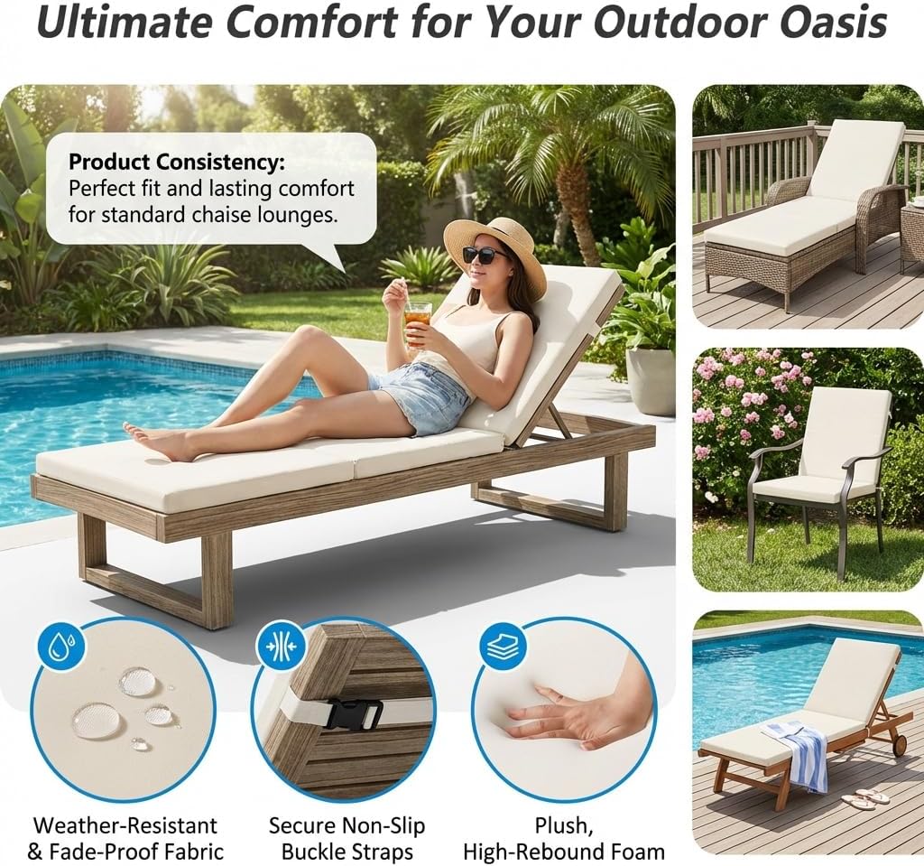 2 Pack 77x24 inch Lounge Chair Cushions for Outdoor Furniture, Large 2" High-Resilience Foam Chaise Cushion for Patio Pool Garden