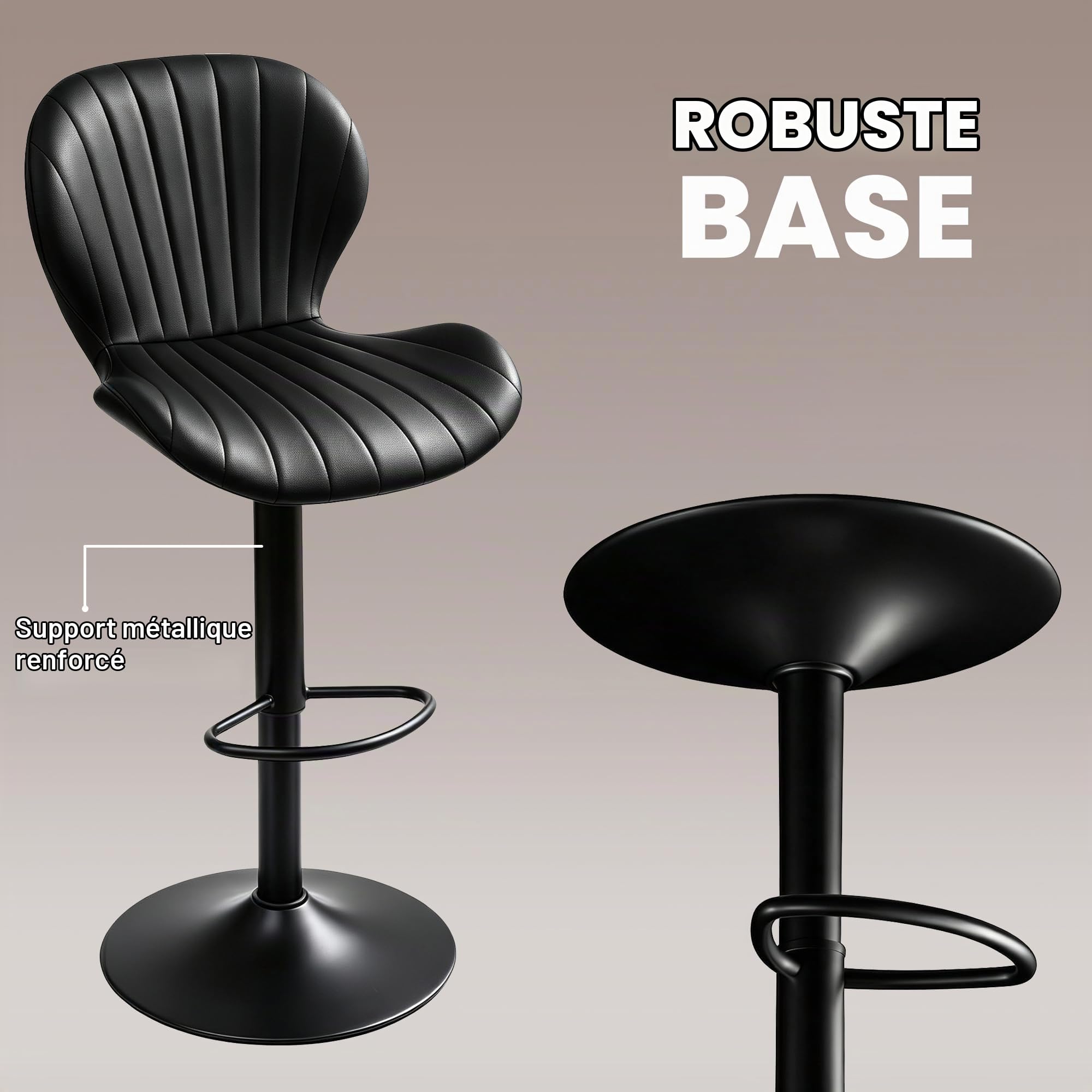 Tabourets de Bar Lot de 2, Chaise de Bar de Cuisine Réglable, Noir