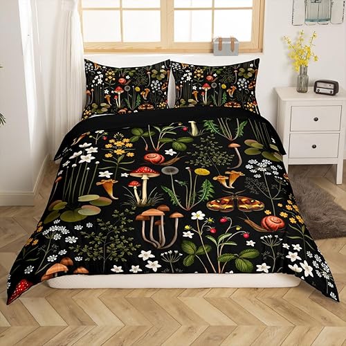 Miniatura 134 de Juego de funda de edredón de 3 piezas, diseño de hongos, diseño de hojas botánicas de acuarela y fresa, para niños, adolescentes, adultos, libélula