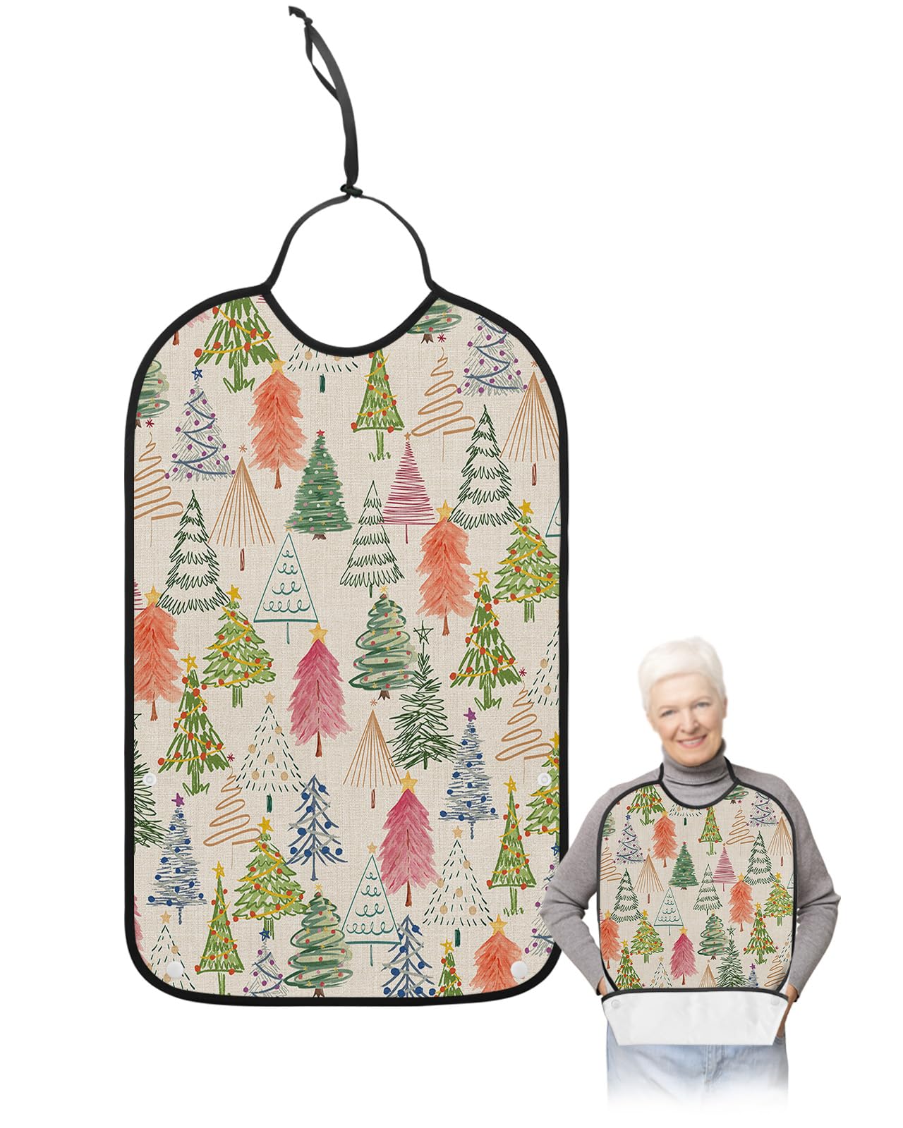 Christmas Tree Adult Bibs for Eating, Waterproof Bibs with Food Catcher & Adjustable Snap Closure, Colorful Xmas Tree Rustic Burlap Washable Clothing Protectors Adult Bibs for Elderly Women/Men