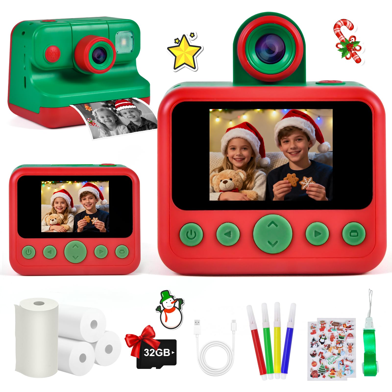 Kids Instant Print Camera with 4 Rolls Print Paper, 1080P HD Digital Camera for Boys Girls with Color Pens &amp; 32GB Card, Christmas Birthday Gifts Kids Toys for 3 4 5 6 7 8 9 10 Years Old