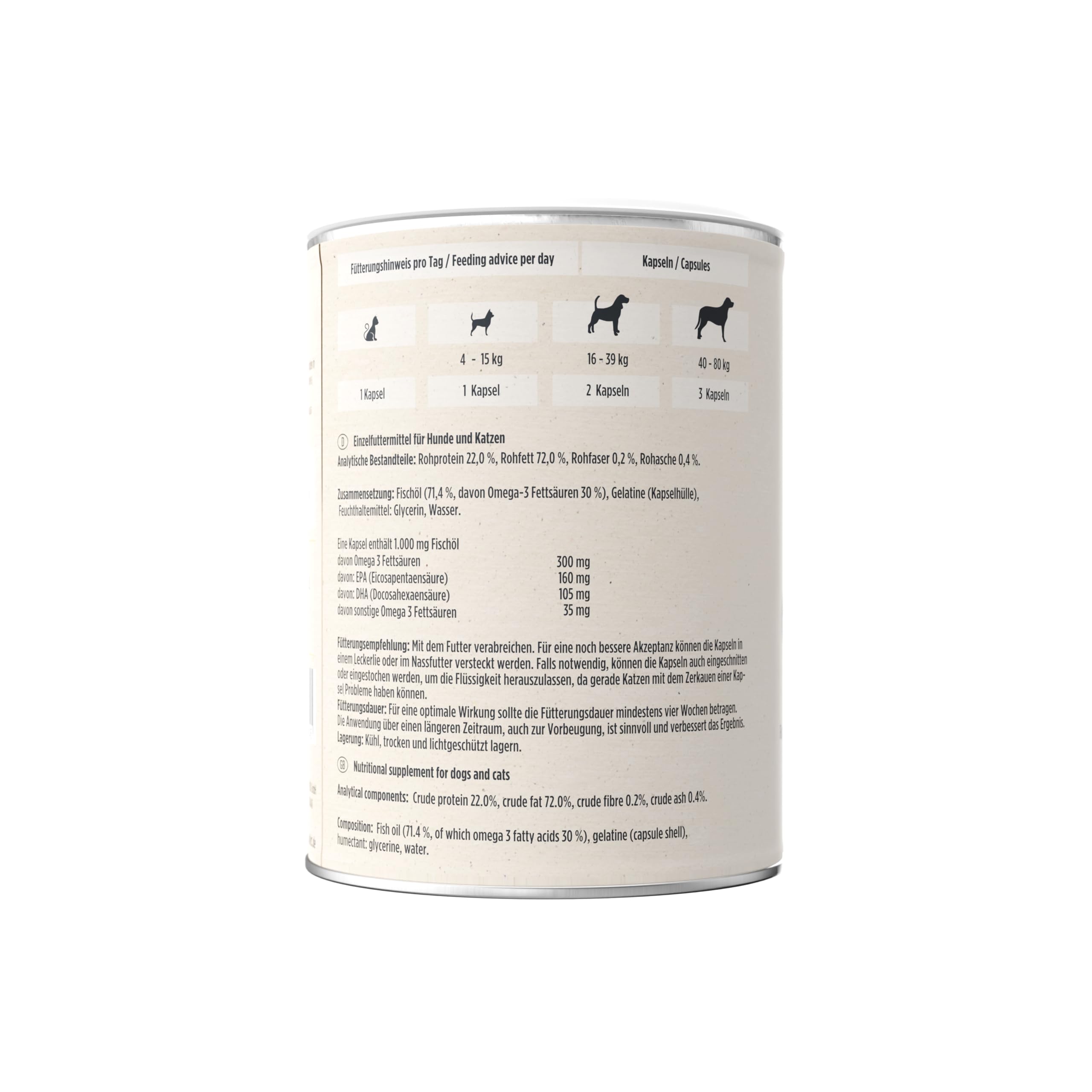 Omega-3 Cápsulas para perros y gatos | Alta dosis con 1.000 mg de aceite de pescado puro por cápsula | muy alto contenido de ácidos grasos EPA y DHA, sin PCB, sin aditivos, 120 cápsulas, fabricación