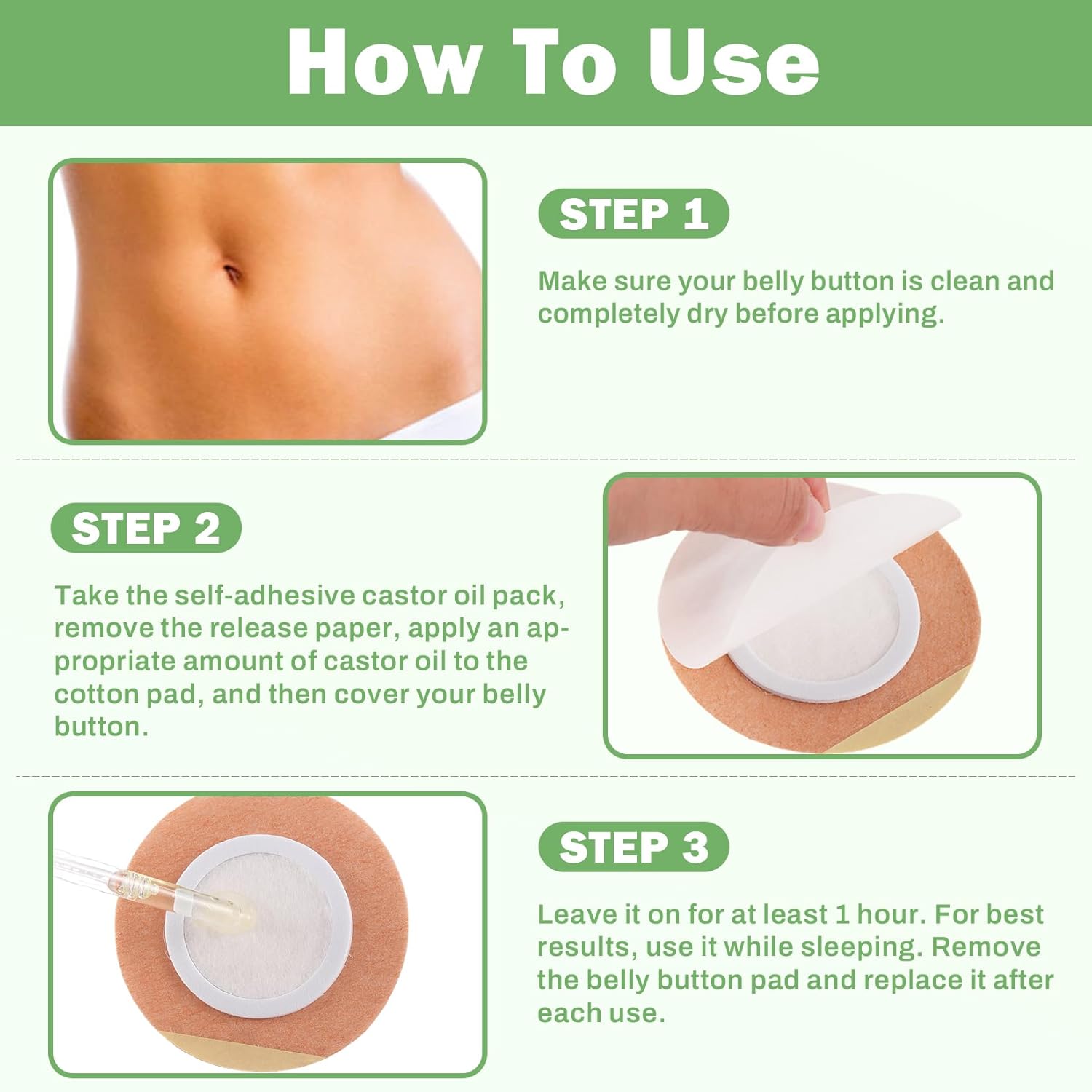Castor Oil Pack Wrap for Belly Button with 4oz Organic Castor Oil in Glass Bottle, Highly Absorbent Cotton Belly Button Patches Self Adhesive (60pcs belly pack with oil)