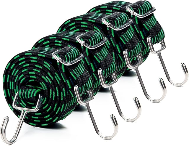 HONFAVOR Adjustable Bungee Cords With Hooks Set, 4 Pack 2M Long Flat Elastic Straps 3cm Wide, Strong Heavy Duty Rope with Adjustment Metal Buckle, for Luggage Moving Cargo, Car Camping, Tarp Fixings