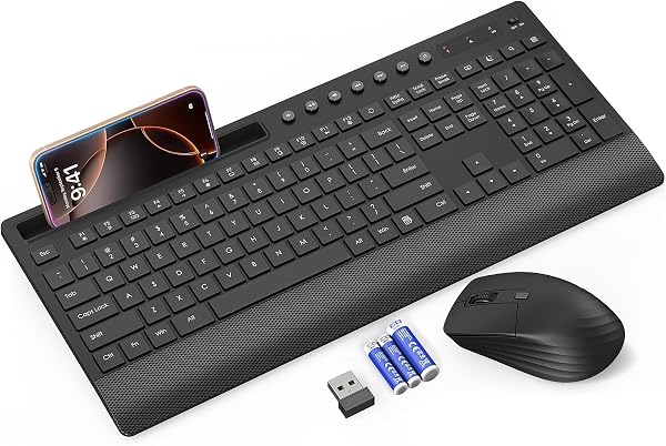 Trueque Wireless Keyboard and Mouse Combo - Full-Size Quiet Keyboard with Palm Rest, Phone Holder, Multimedia Keys, Powe