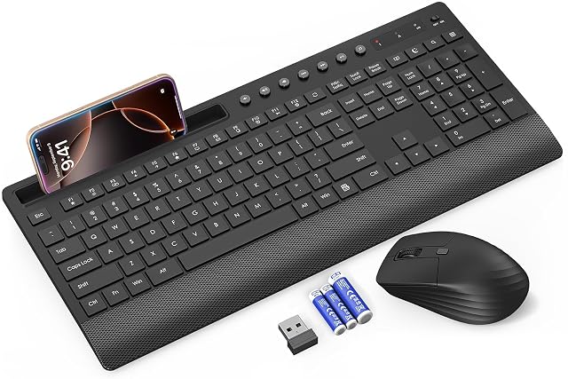Trueque Wireless Keyboard and Mouse Combo - Full-Size Quiet Keyboard with Palm Rest Phone Holder Multimedia Keys Power