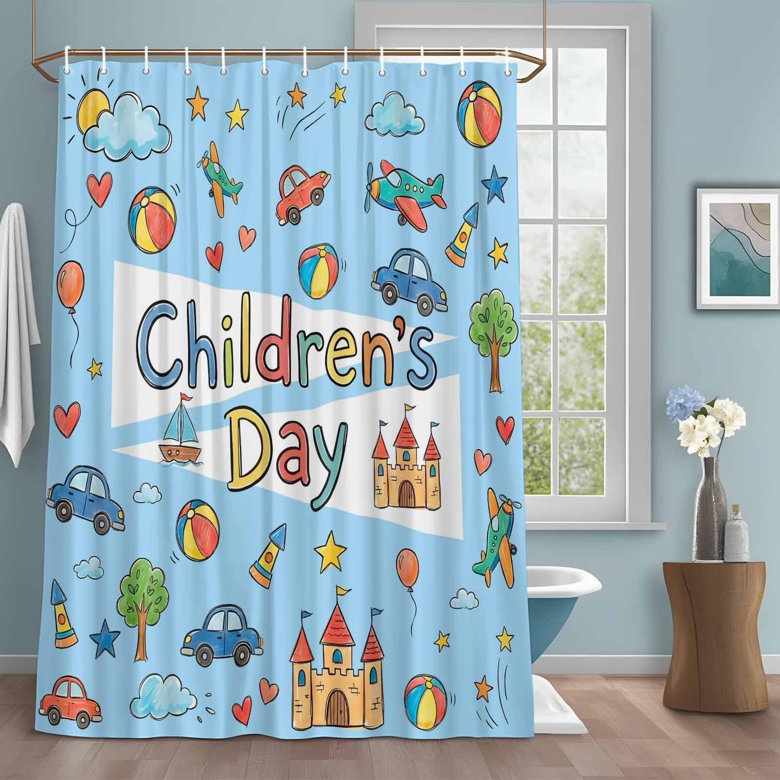 Children's Day Shower Curtain with 12 Hooks Cartoon Sun Airplane Castle Kite Boat Truck Balloon Blue Waterproof Fabric Shower Curtains Sets for Bathroom Bath Decorations, Machine Washable, 48"x72"