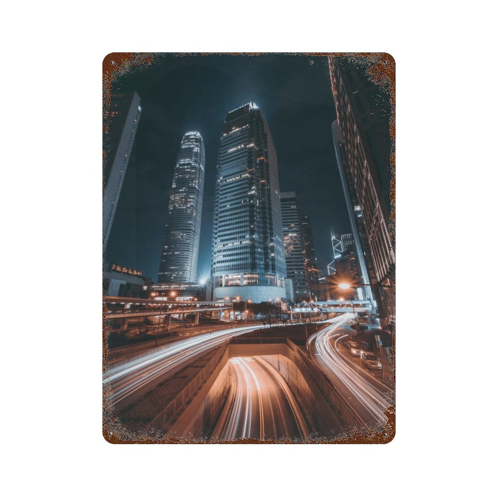 Rust Effect Hong Kong By Night Rusty Metal Tin Sign 15.7"x11.8", Old School Wall Decor for Basement, Hobby Room And Garage Decor