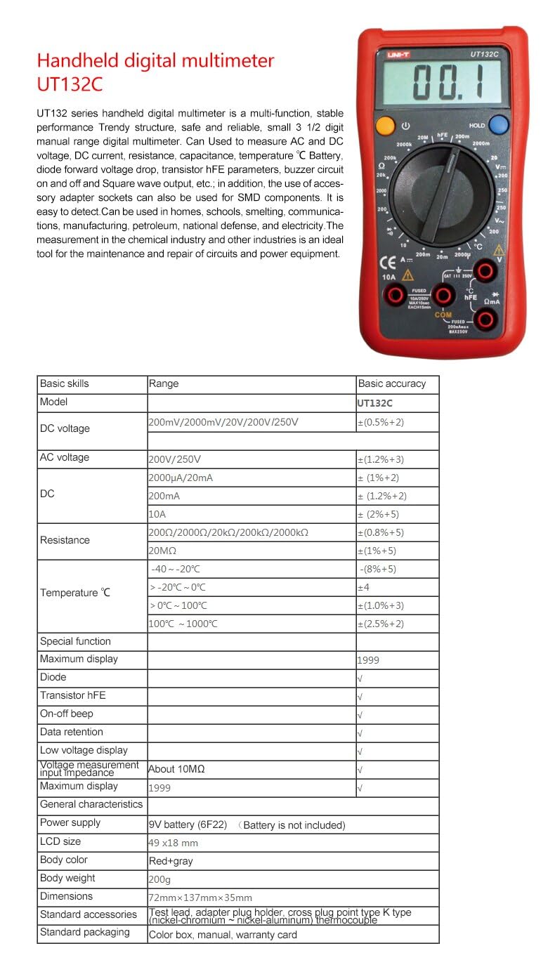 UNI-T UT132B UT132C palm size digital multimeter Display counts: 2000 Certificates: CE/cETLus/RoHS battery voltage test(UT123C)