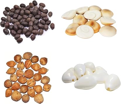 Mahalakshmi Puja Pack of 4 Combo Laghu Nariyal, White Sea Shell Kawri/Kodi, Kamal Gatta and Gomti Chakra 11Pcs Each Puja Worship Diwali Pooja Samagri