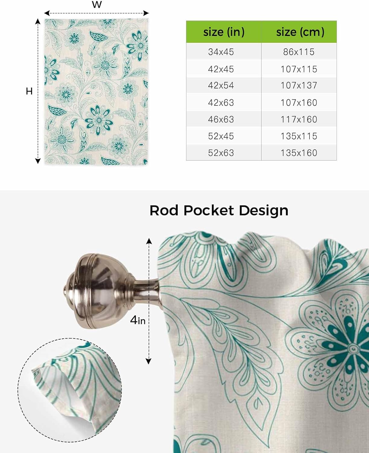 Vintage Turquoise Flower Tie Up Curtains for Window, Modern Ethnic Botanical Thermal Insulted Balloon Shade Adjustable Rod Pocket Curtains Valance Panels for Kitchen Bathroom Café 34 x 45