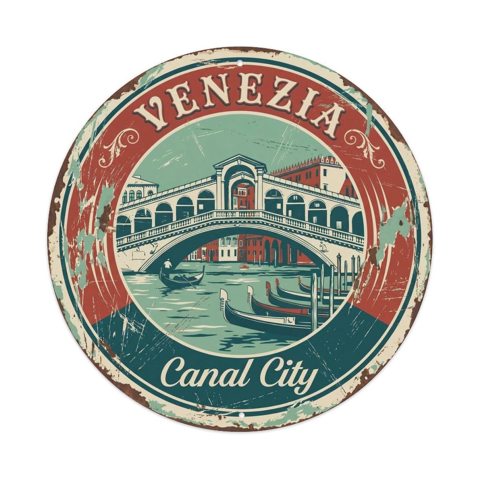 Vintage Travel Canal Bridge Italy Waterway Metal Tin Sign Plaque Wall Decor for Cafe, Club, Garden Round Metal Poster 8x8Inch
