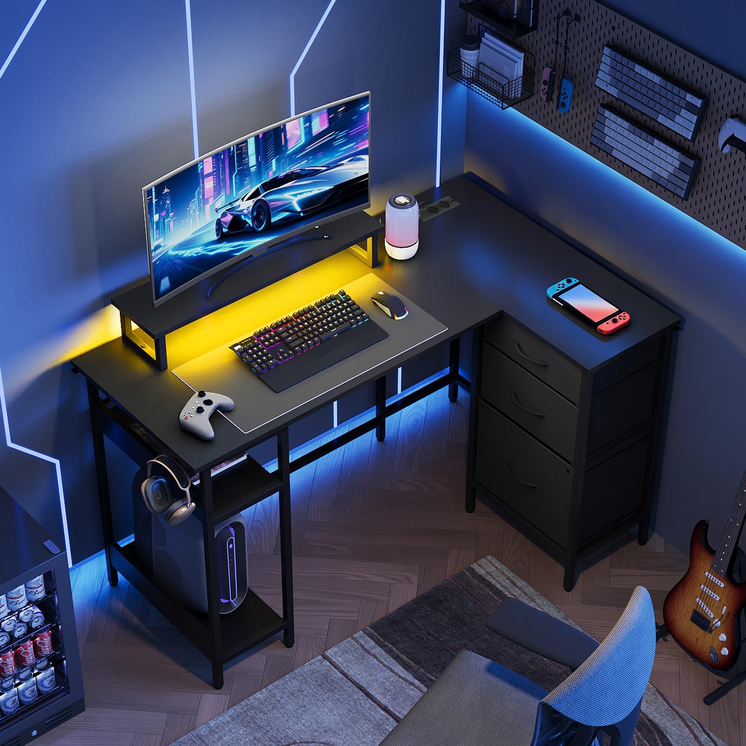 DEVAISE Eckschreibtisch L Form 120 x 80 cm mit Schubladen mit Steckdose und USB, Computertisch mit Ablageflächen für Homeoffice, Gaming & Schlafzimmer, Schwarz