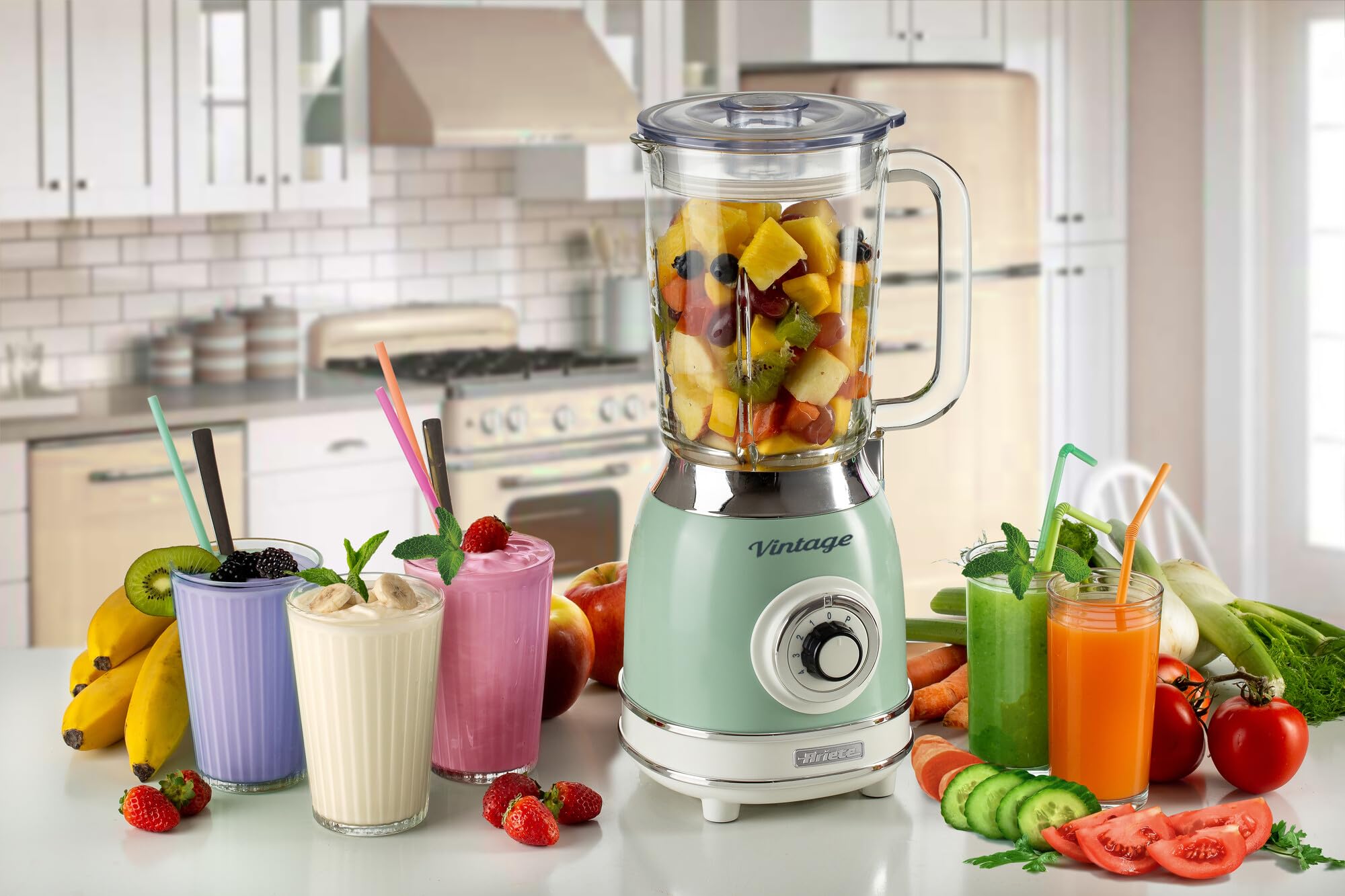 Ariete Frullatore di Vetro Vintage 583, Frullatore Multifunzione con 4 Lame, 4 Velocità + Pulse, Funzione Tritaghiaccio, Capacità 1,5 Litri, 1000W, Verde