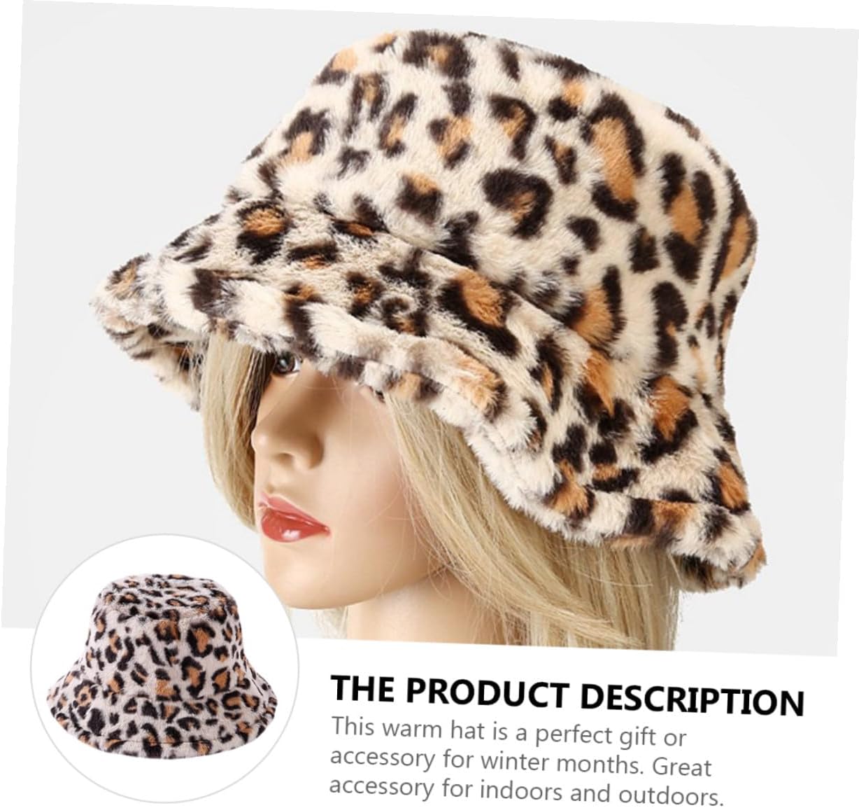 Plush Leopard Fisherman Hat Warm Winter Bucket Hat for Women Size M 56-58cm Cozy Soft Fluffy Travel Outdoor