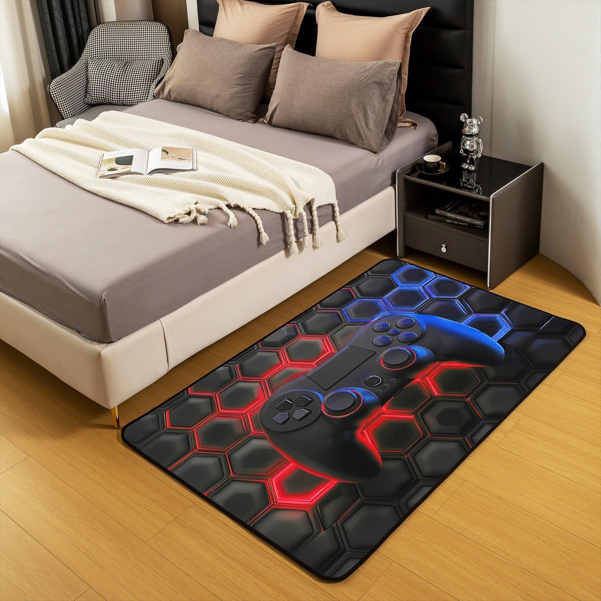Erosebridal Game Console Rectangular Decorative Washable Rug for Boys Girls Kids,Space Universe Gaming Area Rug 5x7,Video Games Carpet,Game Room Decor Indoor Floor Mat Red Blue Honeycomb