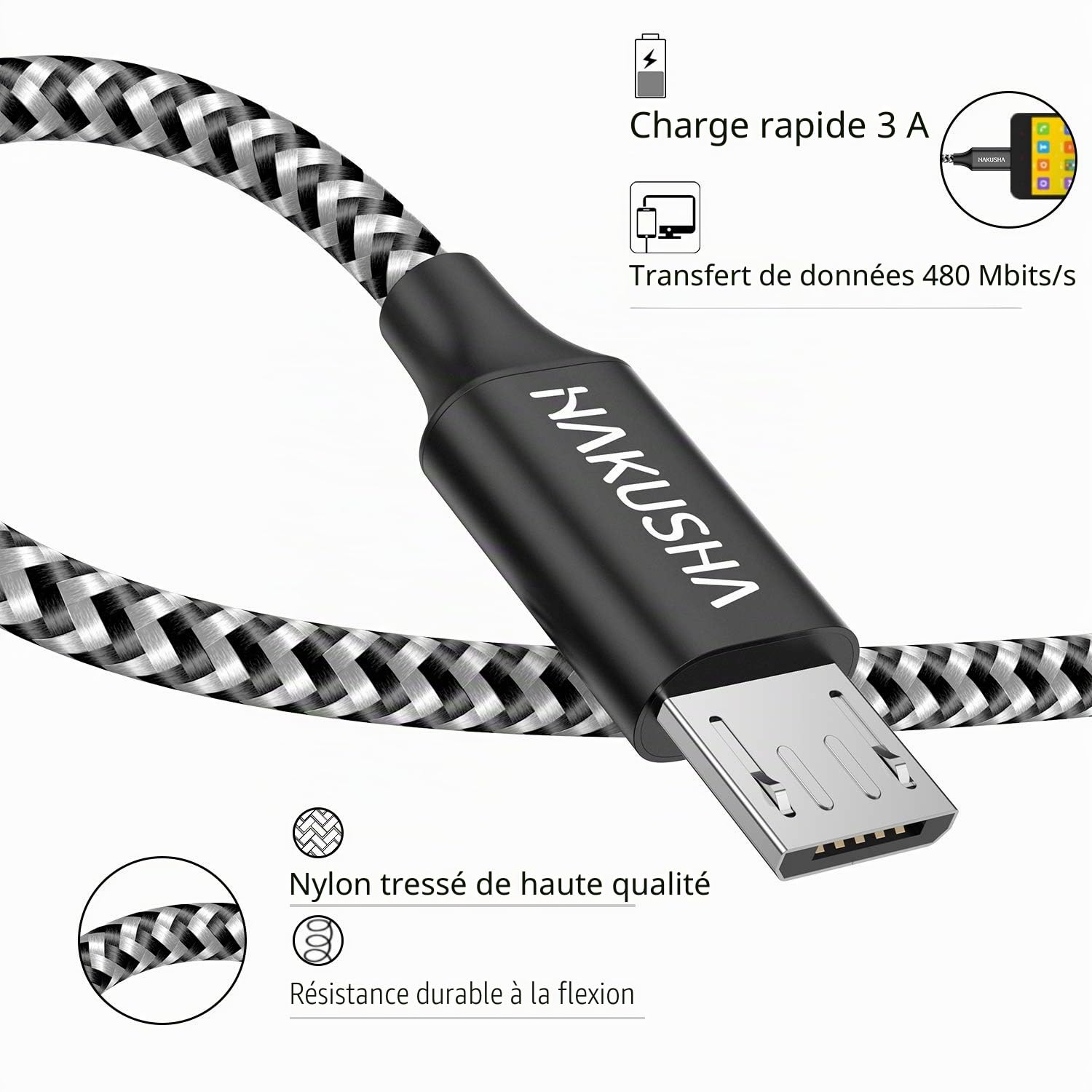 HAKUSHA Câble Micro USB, [2M] 3A Charge Rapide Câble Android Durable Câble de Chargeur de Téléphone Mobile en Nylon pour Samsung S7/S6/S5/J5/J7, Huawei, Nokia, Nexus, Sony, Tablette, PS4, Kindle