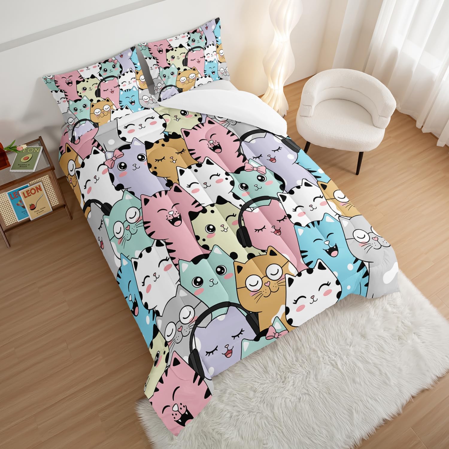 HOSIMA Cute Cat Comforter Twin Bed in a Bag, Cartoon Colorful Pet Print Twin Comforter Set with 2 Pillowcases, Kids Toddler Bedding Set Cute Animal Themed Cat Lovers Room Decor Aesthetic