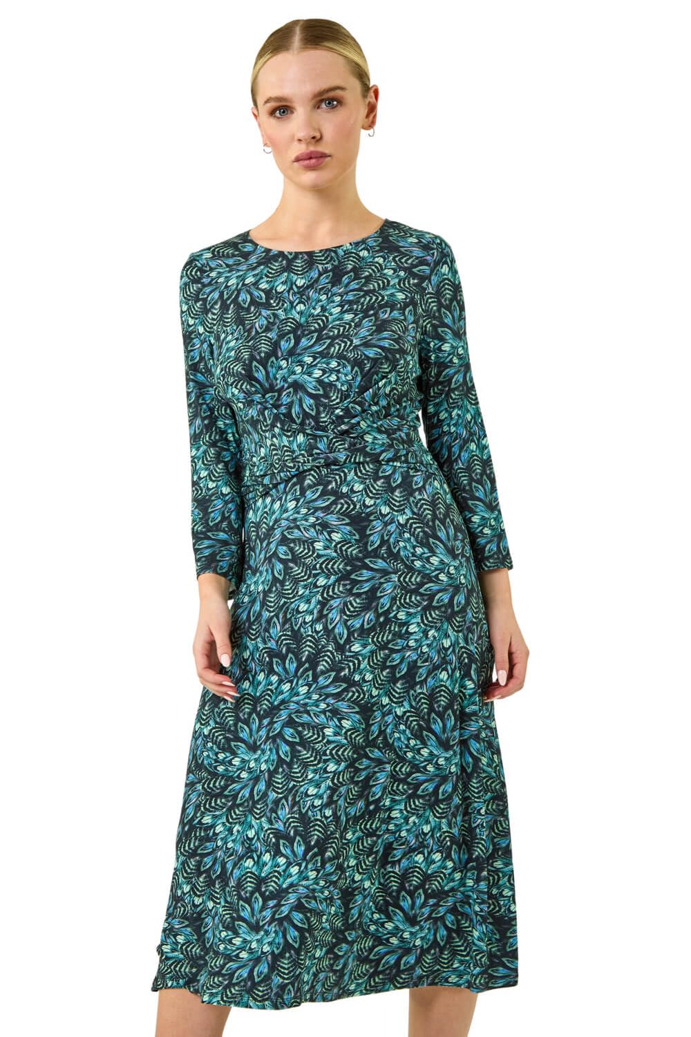Roman Fit and Flare Dress for Women Ladies Chest Twist Knot Ruched Tea Skater Empire Waist Wedding Guest Smart Casual Swing Midi 3/4 Long Sleeve Knee Length