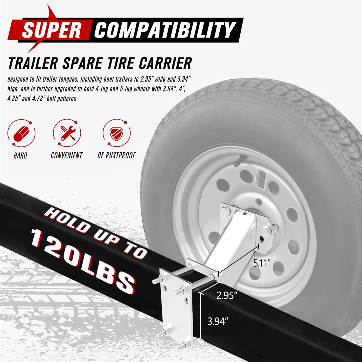 FIERYRED Trailer Spare Tire Mount,120LBS Spare Tire Carrier for Trailer,Utility Trailer and Boat, Tire Holder Bracket Fits 4 & 5 Lugs Wheels, Hold 3.94”, 4”, 4.25” and 4.72” Bolt Pattern
