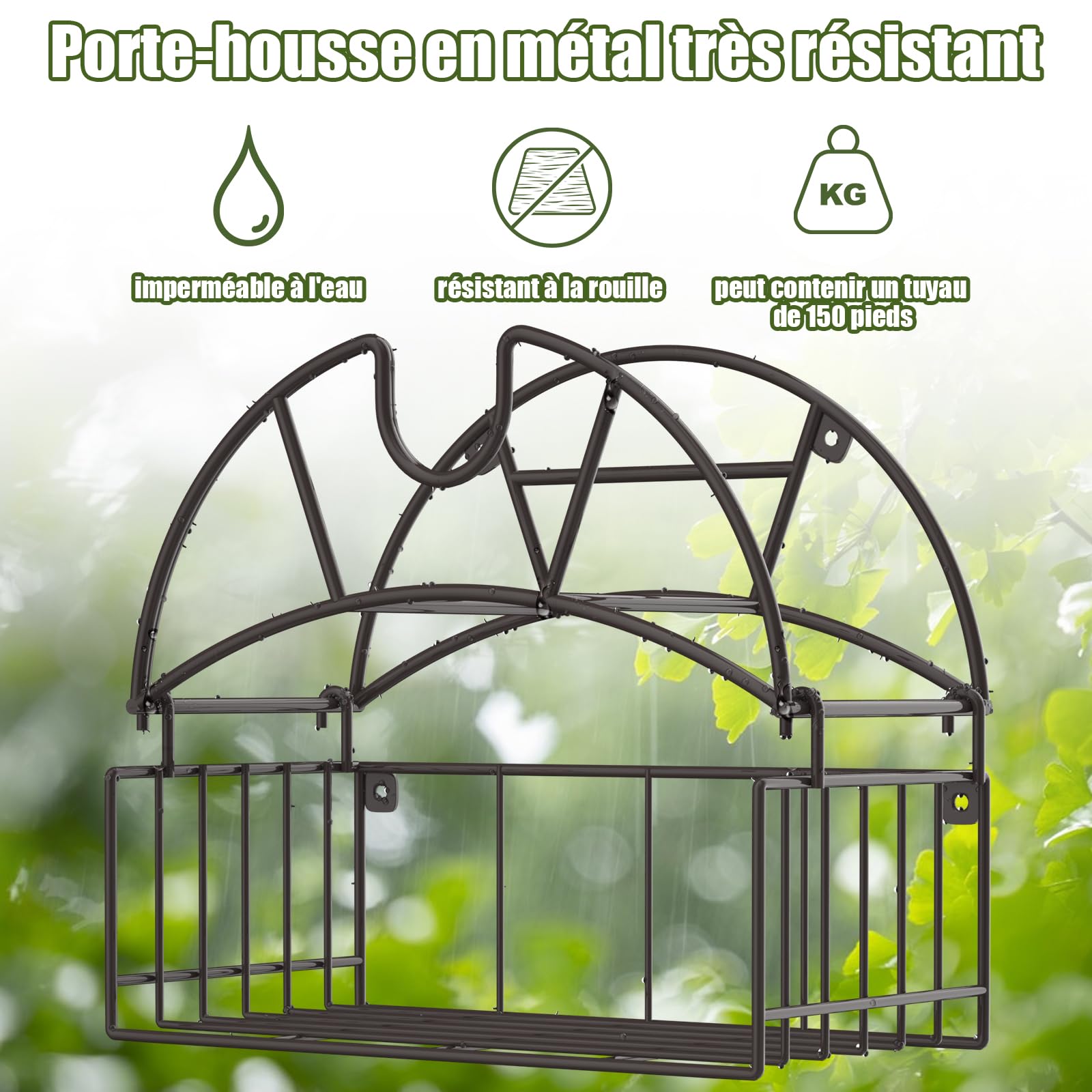 Support de tuyau d'arrosage, support de tuyau d'eau robuste avec panier de rangement pour outils, organisateur de tuyau mural pouvant contenir jusqu'à 150 pieds, support de tuyau décoratif pour jardin