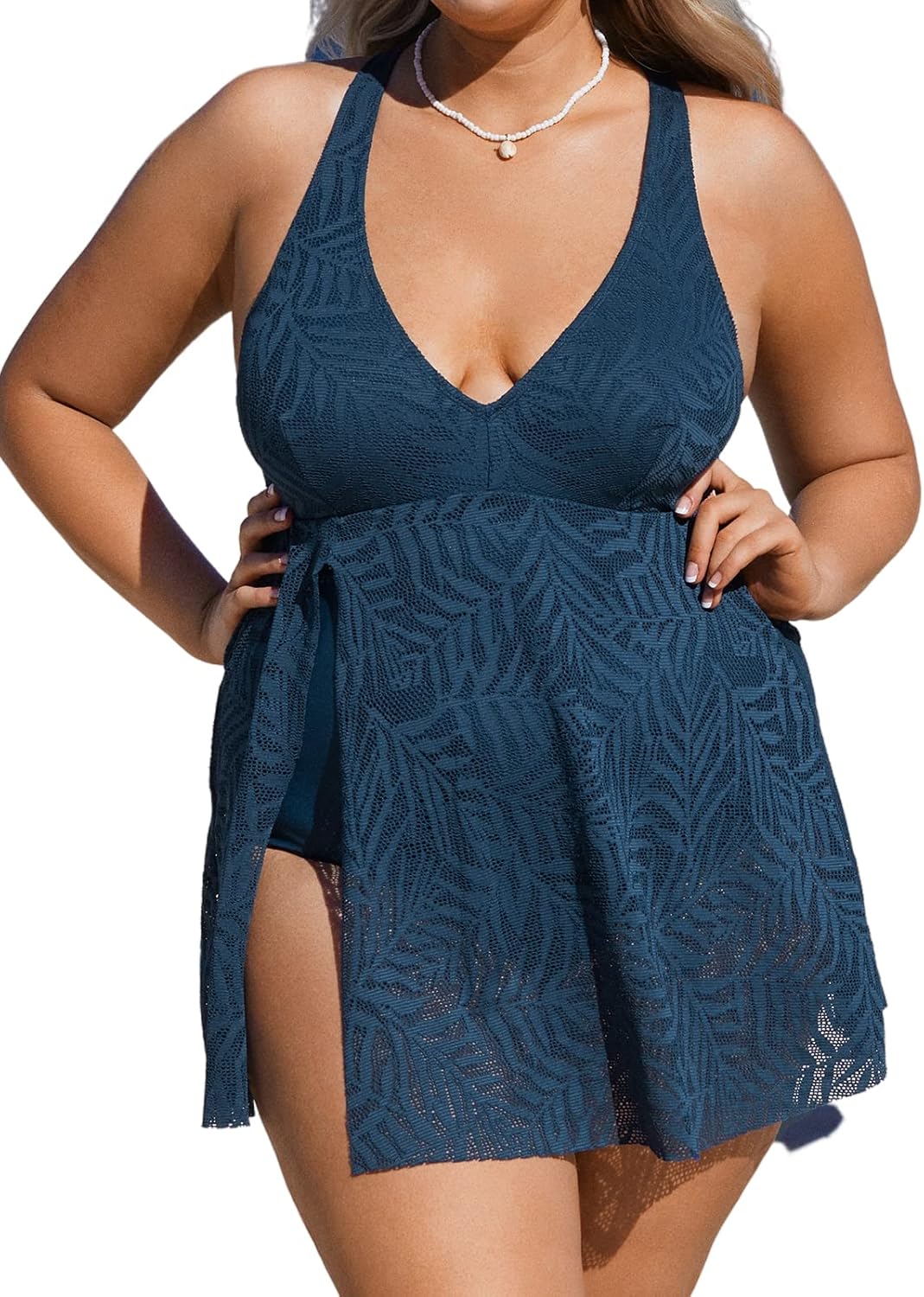 CUPSHE Women's One Piece Swimsuit Plus Size Bathing Suit Mesh Hollow Out Cross Back Split Swim Dress Leaf Texture