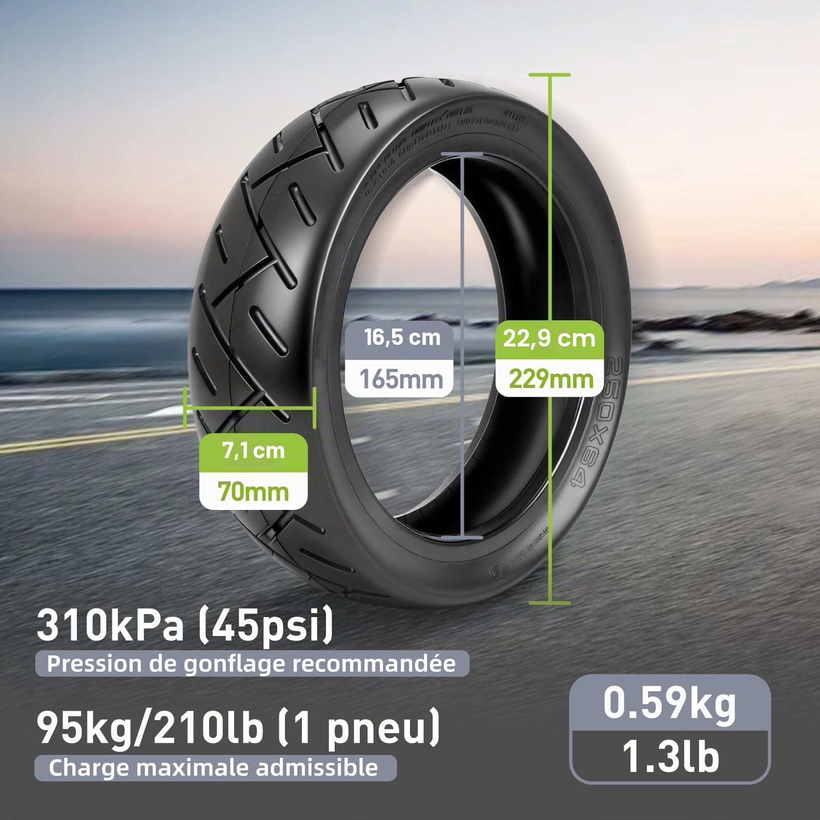 250 x 64 CST Pneu tubeless pour scooter électrique Xiaomi 4 Ultra - 10" - Pneu de rechange sans chambre à air avant/arrière - Avec buse d'air (CST Tubeless x 2)