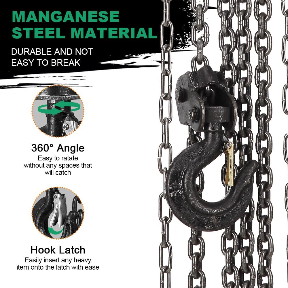 STANEW Manueller Kettenzug mit robustem Haken, Hubhöhe 6,0 m, Grün, Doppel-Ladungskette, G80, Hebehaken mit Sicherheit (2 Tonne 6,0 m)