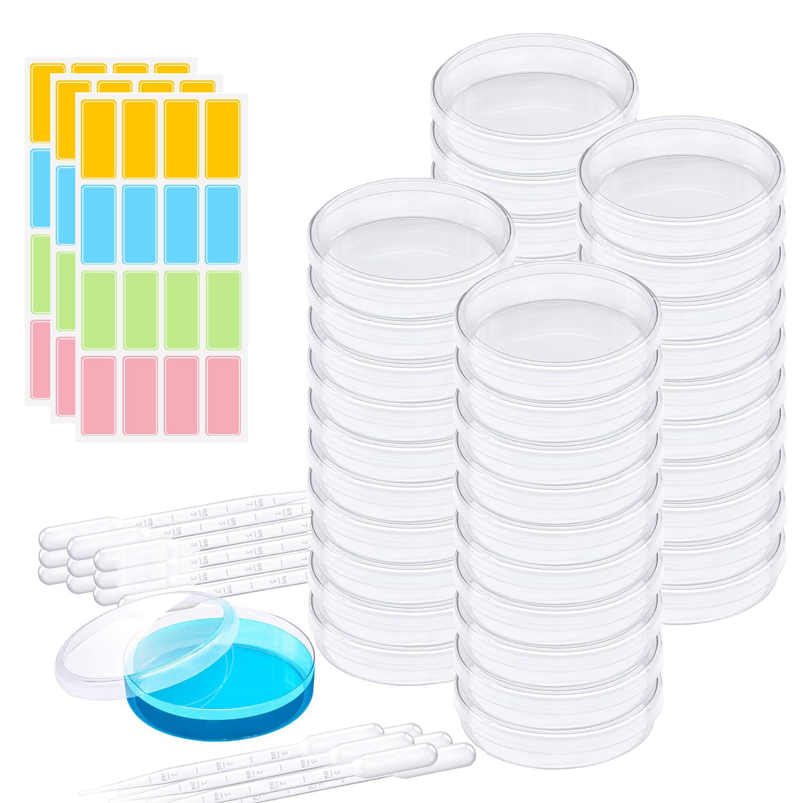 40 Pezzi Piastre Petri da 60 mm, Set di Piastre di Petri in Plastica Sterile con Coperchio, con 20 Pipette, per Coltivare Batteri, Corsi di Esperimento per Studenti e Ricerca Biologica
