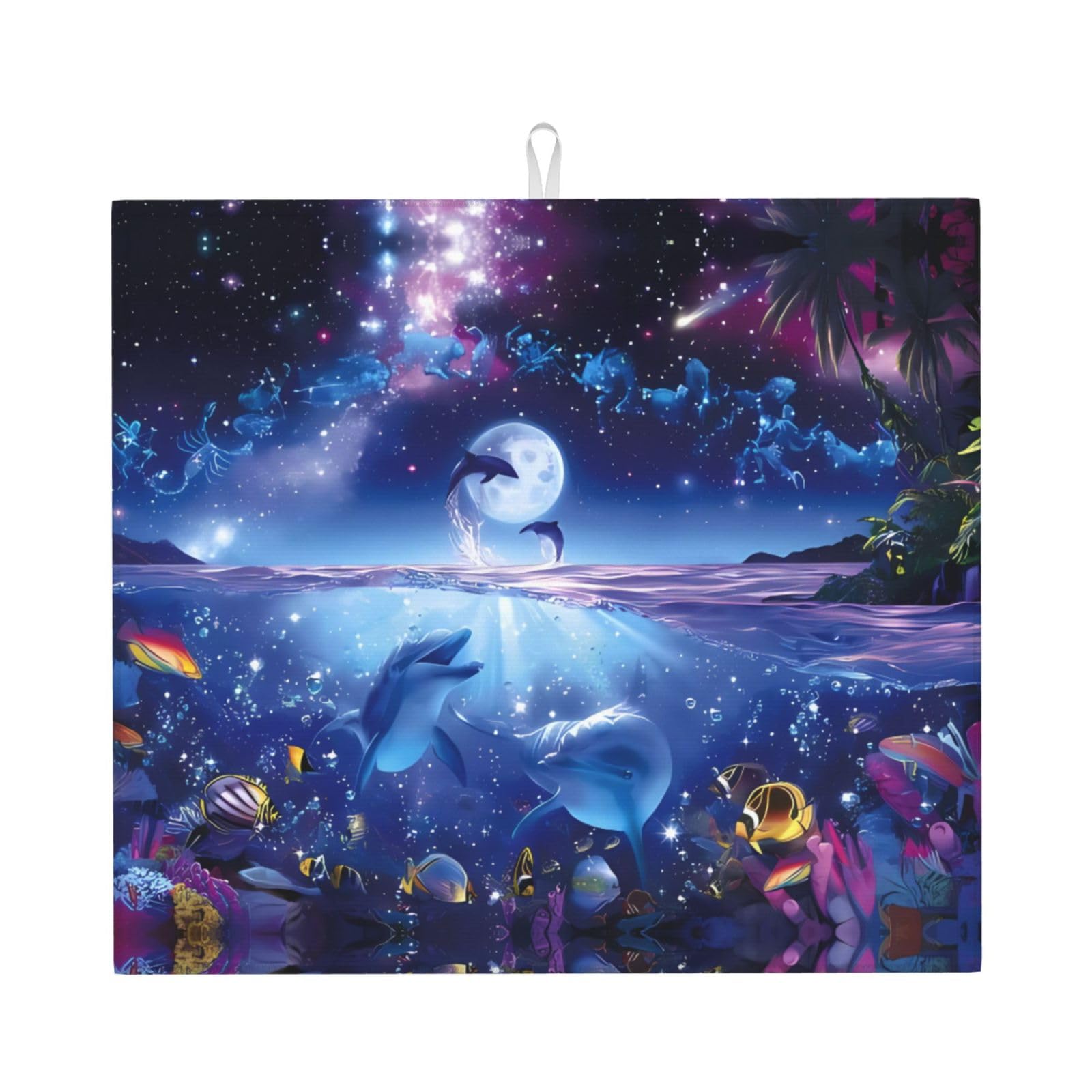 YYHHAOFA Colorful Starry Sky Ocean Dolphin Prints Kitchen Drying Mat – Highly Absorbent Microfiber Throw, Non-Slip Counter Cover for Dishes, Fade-Resistant Print & Appliance Protection