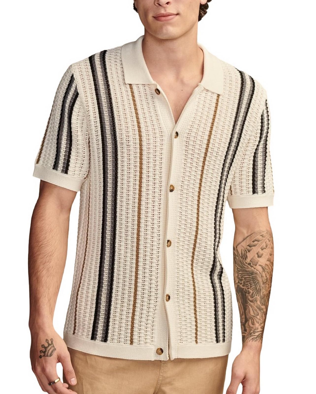 Men's Vintage Knit Polo Shirt Short Sleeve Striped Multicolor Button Down Knitting Golf Shirts Top
