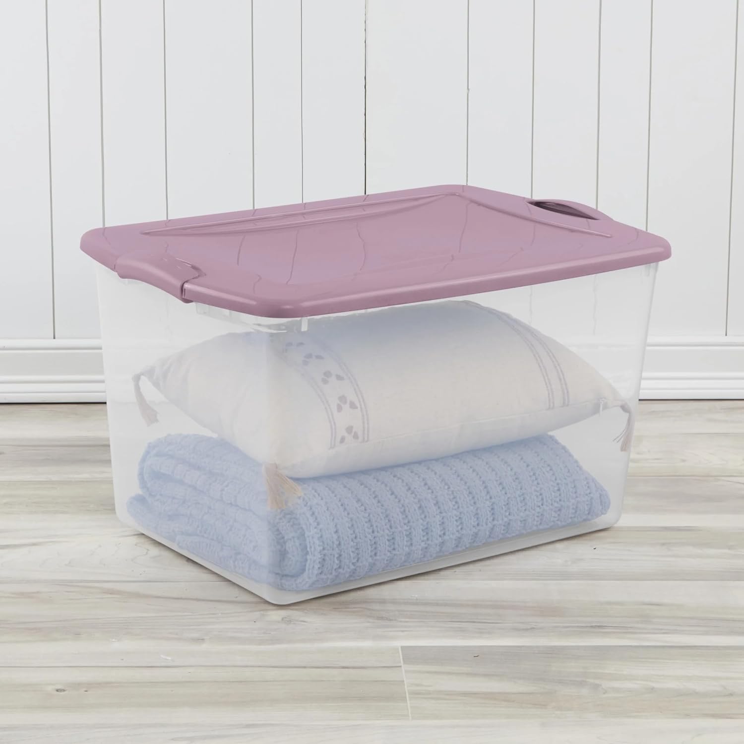 6 Pack 66 Quart Clear Large Plastic Storage Bin with Purple Latching Lid