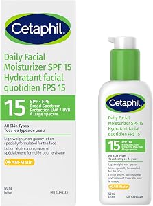 Cetaphil Daily Facial Moisturizer SPF 15, Face Moisturizer with SPF, Lightweight Broad Spectrum UVA & UVB Protection for Sensitive Skin, Oil Free, Dermatologist Recommended, 120ml