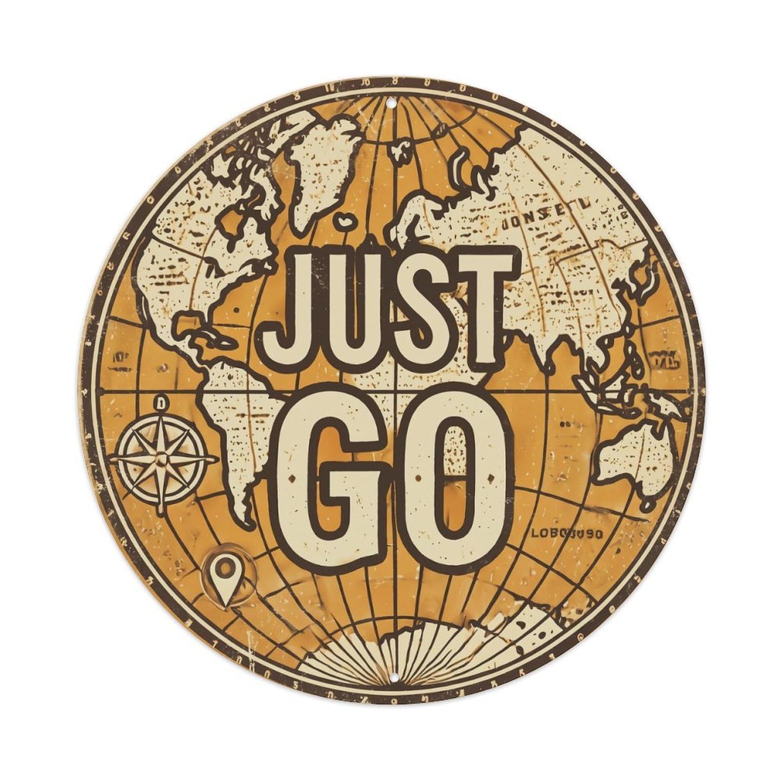 Vintage World Map with Compass Just Go Outbound Metal Tin Sign