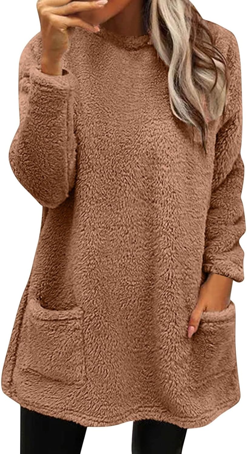 Women’s Sweatshirts Fuzzy Fleece hoodie Crew Neck Long Sleeve Sherpa Pullover Tops Warm Soft Winter Fall Blouse