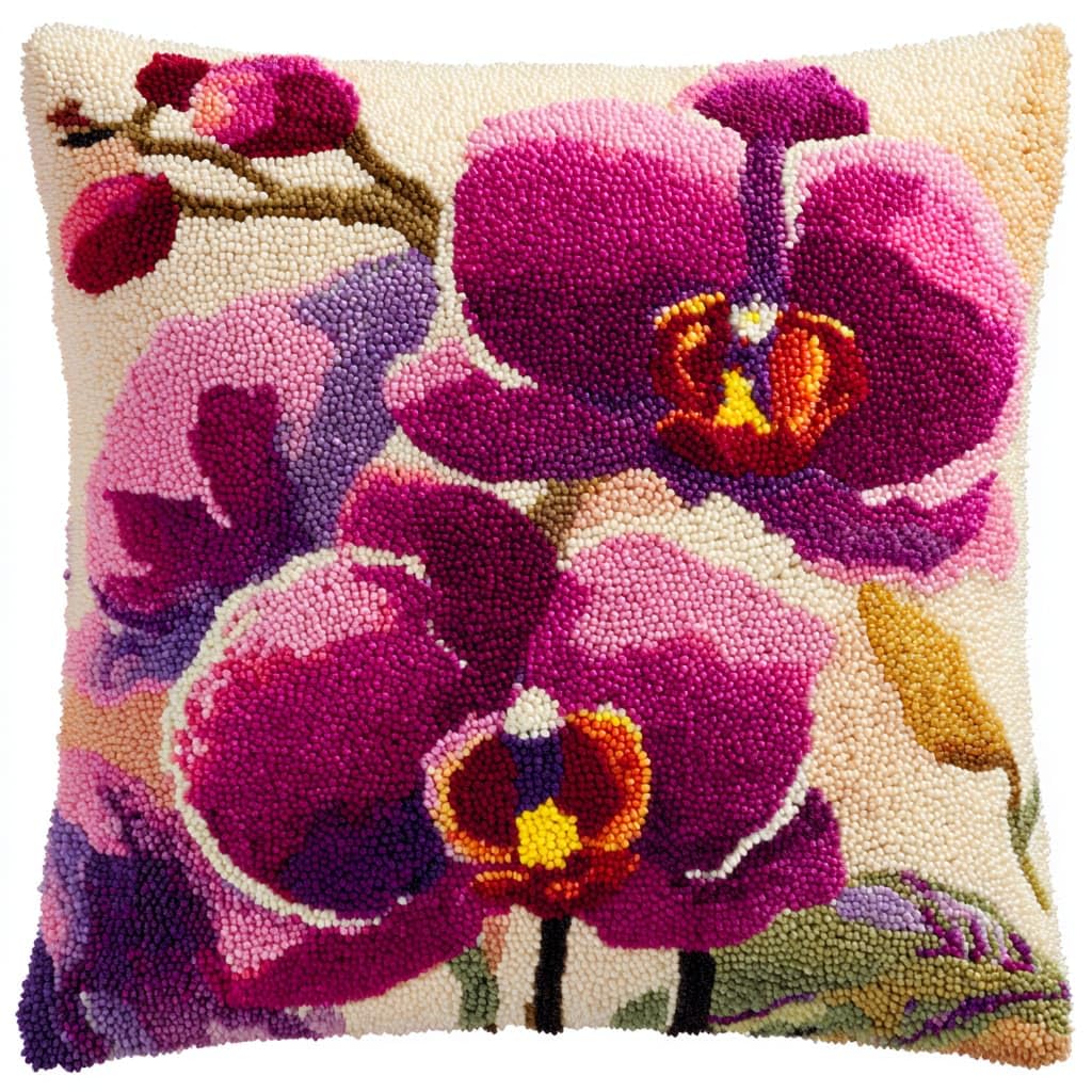 Taxpy DIY Latch Hook Pillow Kits, Orchid Flowers Throw Pillow Cover Pre-Printed Patterns Pillowcase Needlework Crochet Yarns Latch Hooking Cushion for Sofa Decor 17x17inch