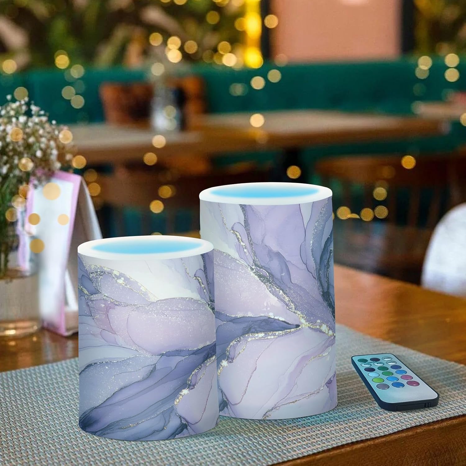 Flickering Flameless Candles, Purple Marble Lavender Liquid LED Candles with Remote Timer, Set of 2 Battery Operated Candle for Valentine Wedding Birthday